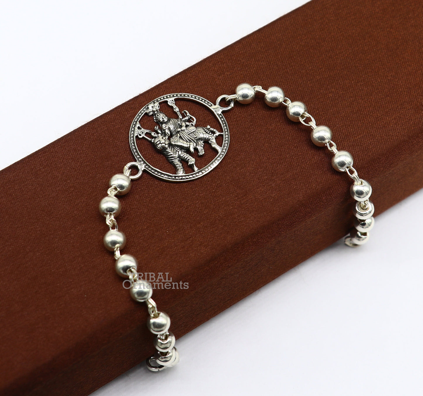 925 Sterling silver Bhawani Mata ji Tulsi beads bracelet rakhi with divine Durga motif, crafted by TRIBAL ORNAMENTS.