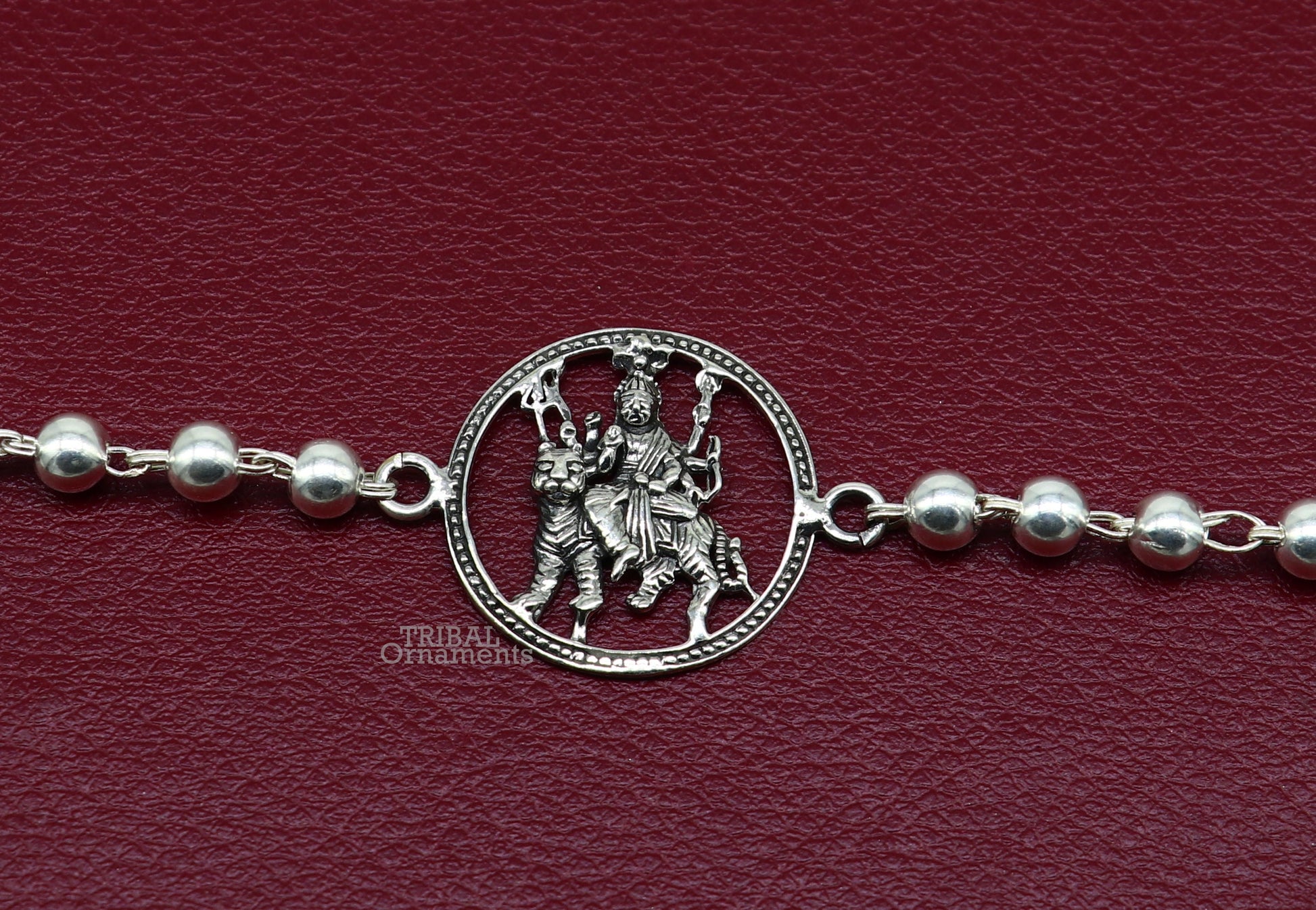 925 Sterling silver Bhawani Mata goddess bracelet with Tulsi beads and silver balls, crafted by Tribal Ornaments.