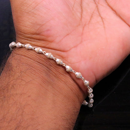 Sterling silver handmade bracelet with basil rosary beads, unisex long and flexible jewelry by TRIBAL ORNAMENTS.