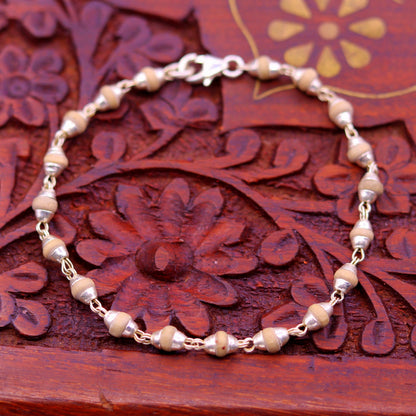 Sterling silver handmade bracelet with basil rosary beads, unisex long and flexible jewelry by TRIBAL ORNAMENTS.