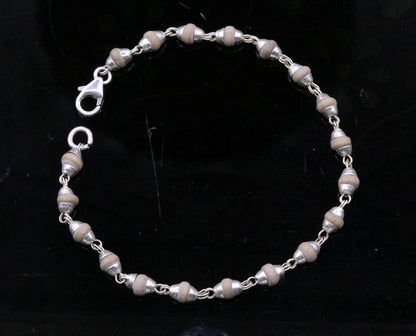 Sterling silver handmade bracelet with basil rosary beads, unisex long flexible jewelry by Tribal Ornaments.