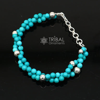 Trendy blue turquoise stone adjustable sterling silver bracelet with beaded design, unisex jewelry by TRIBAL ORNAMENTS.