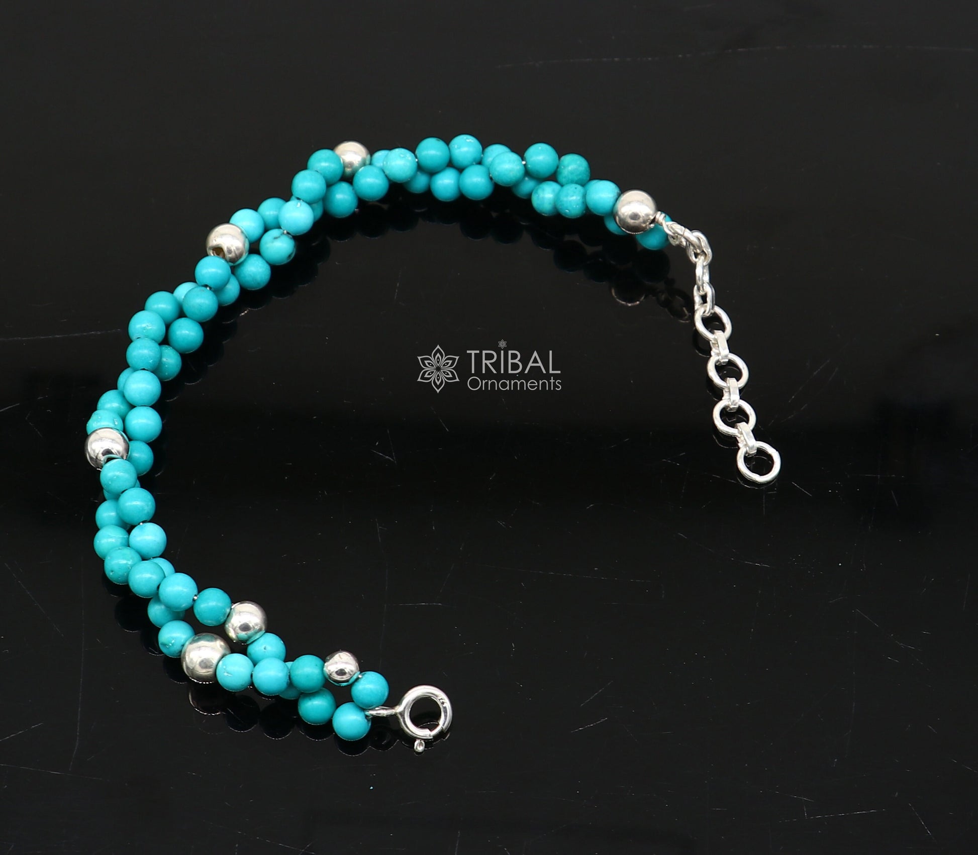 Trendy Blue turquoise stone handmade 925 sterling silver adjustable bracelet for unisex gifting stylish custom beaded/balls jewelry sbr462 - TRIBAL ORNAMENTS