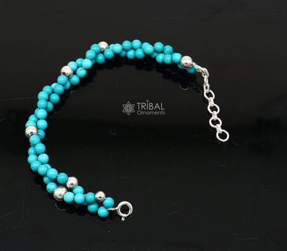 Tribal Ornaments blue turquoise stone adjustable 925 sterling silver unisex beaded bracelet with custom design and stylish beaded balls.