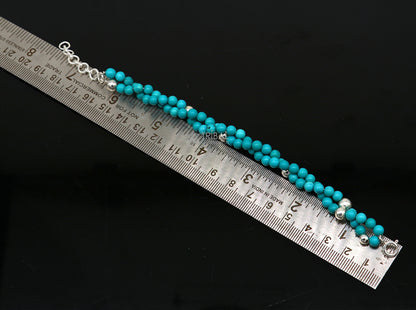 Tribal Ornaments trendy blue turquoise stone adjustable 925 sterling silver bracelet with beaded design for unisex jewelry.