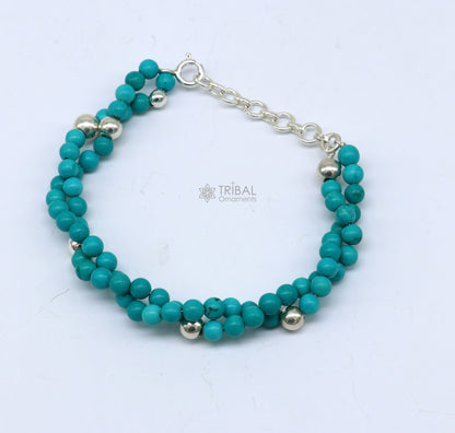 Tribal Ornaments trendy blue turquoise stone adjustable sterling silver unisex bracelet with beaded design and custom fit.