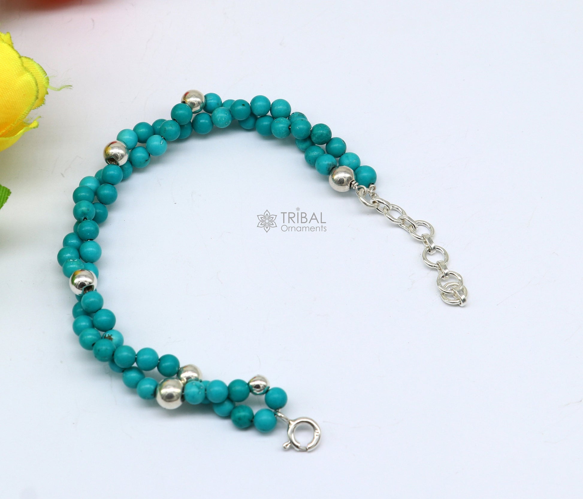 Trendy Blue turquoise stone handmade 925 sterling silver adjustable bracelet for unisex gifting stylish custom beaded/balls jewelry sbr462 - TRIBAL ORNAMENTS