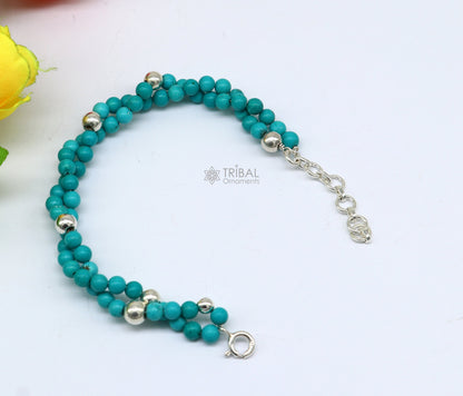 Tribal Ornaments trendy blue turquoise stone adjustable 925 sterling silver bracelet with beaded balls for unisex jewelry.