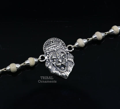 925 sterling silver Lord Narsimha design Tulsi beaded bracelet with divine Narsimha motifs, handmade tribal jewelry for daily wear