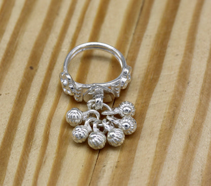 Sterling silver handmade jingling bells ring with cultural design, ideal for belly dance jewelry and custom tribal ornament accessories.