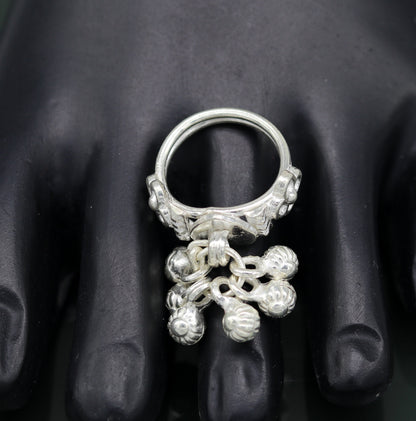 Sterling silver handmade jingling bells ring with classical tribal design, perfect for belly dance jewelry and cultural accessories.