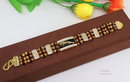 22k yellow gold handmade Rudraksha beads bracelet with tiger design, men's luxury wedding jewelry by Tribal Ornaments.