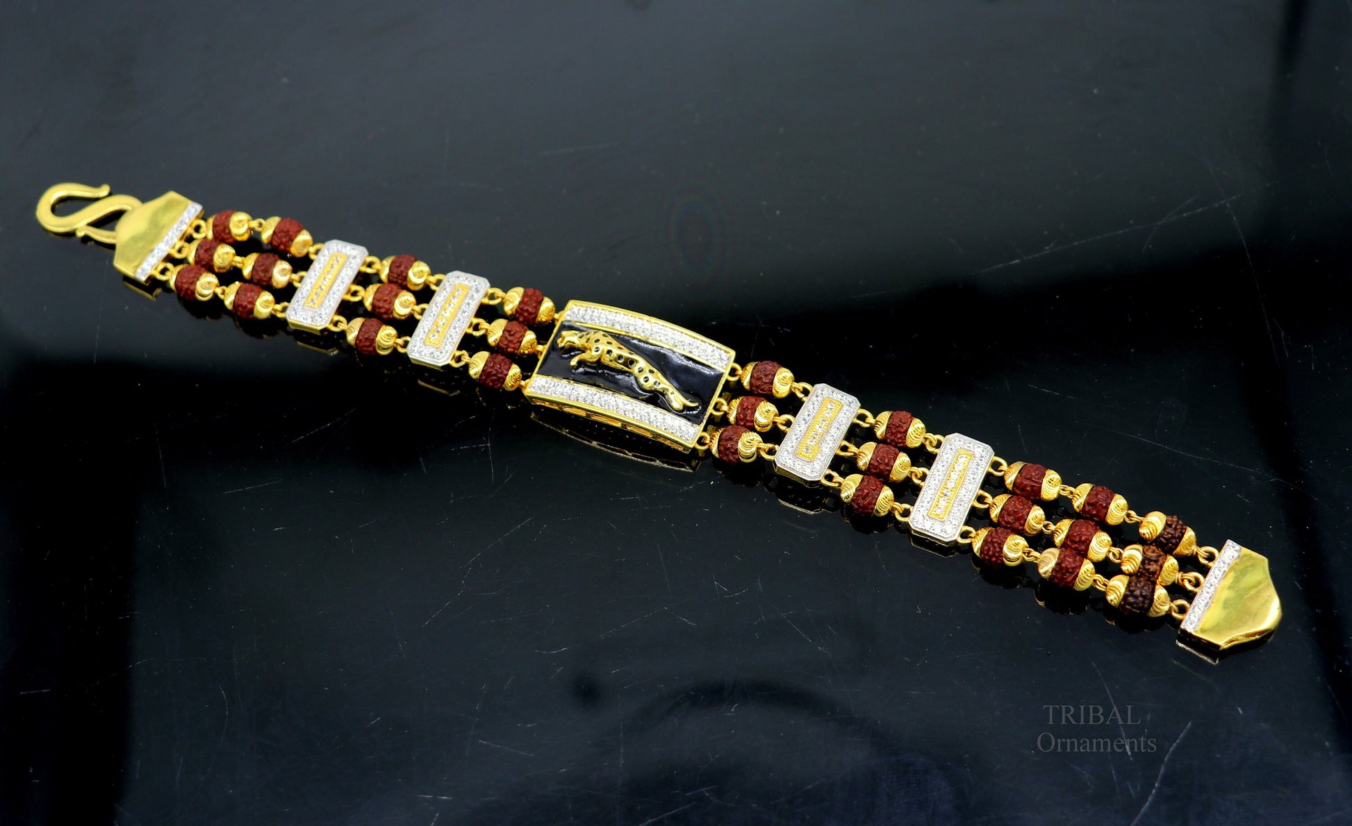 22k yellow gold handmade natural rudraksha beads bracelet with fabulous tiger design men's jewelry, best wedding gift luxury jewelry gbr29 - TRIBAL ORNAMENTS