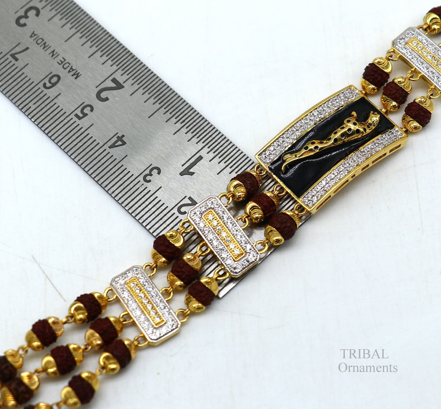 22k yellow gold handmade natural rudraksha beads bracelet with fabulous tiger design men's jewelry, best wedding gift luxury jewelry gbr29 - TRIBAL ORNAMENTS