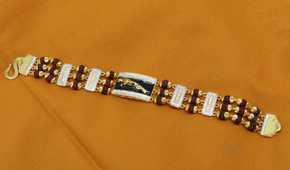22k yellow gold handmade Rudraksha beads bracelet with tiger design, men's luxury wedding jewelry, hallmarked 916, tribal ornament style.