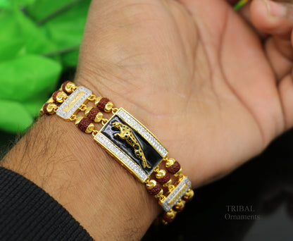 22k yellow gold handmade Rudraksha beads bracelet with tiger design, men's luxury wedding jewelry by TRIBAL ORNAMENTS.
