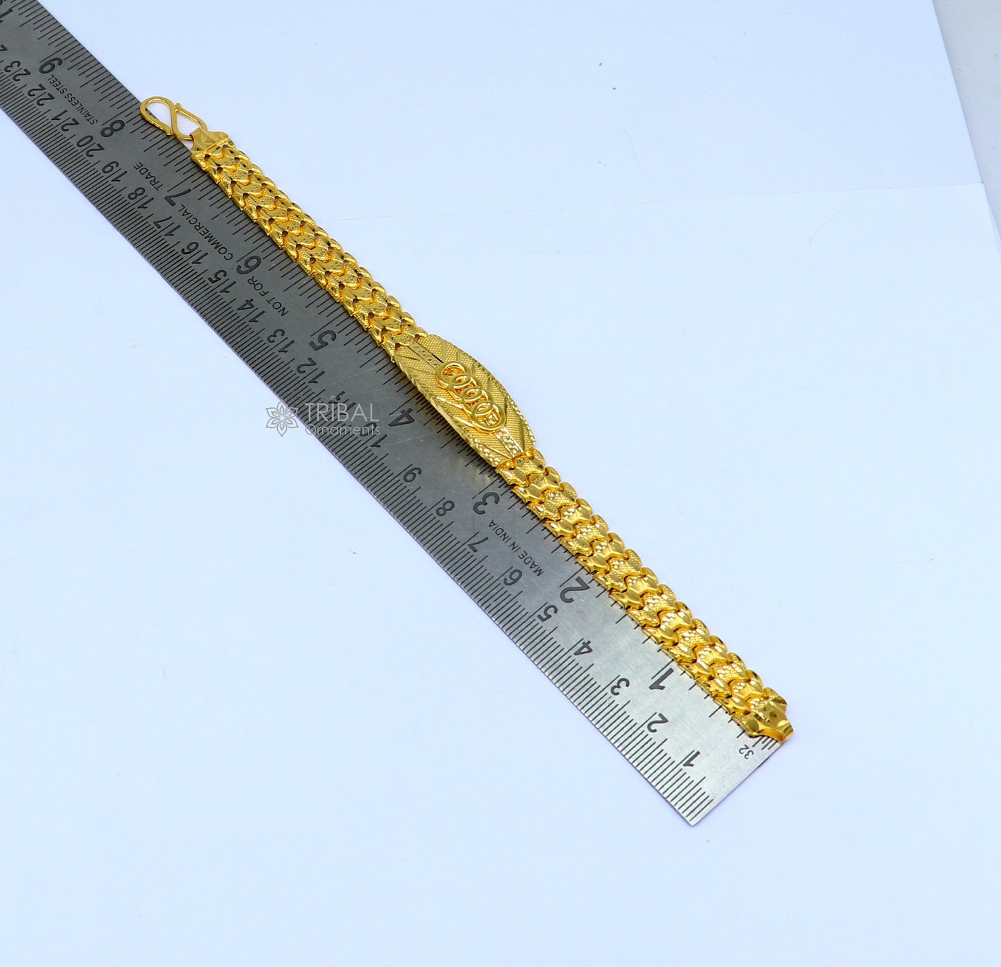 22KT yellow gold handmade Audi chain bracelet by TRIBAL ORNAMENTS, unisex stylish fancy jewelry with 916 hallmark.