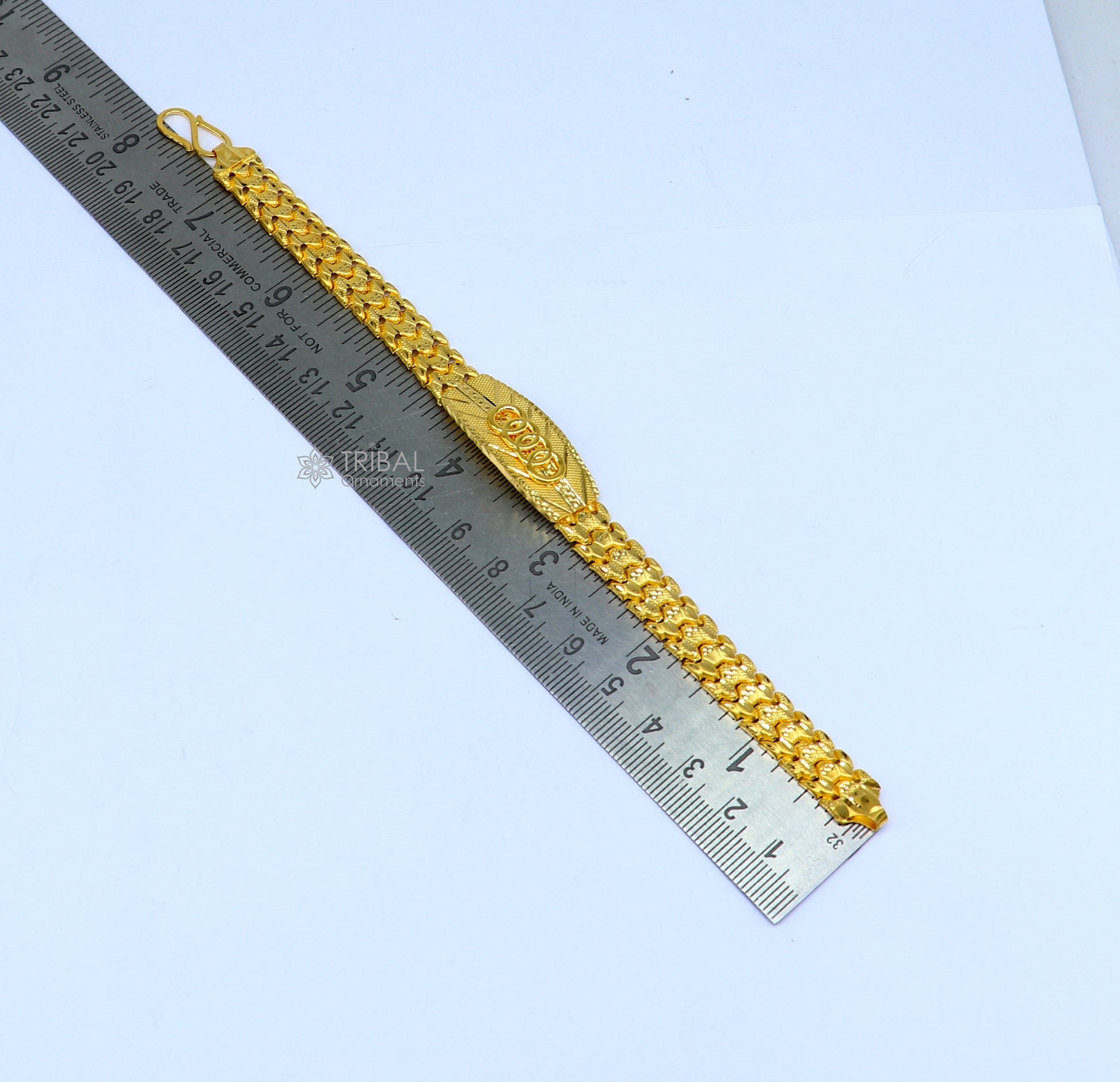 22KT yellow gold handmade Audi chain bracelet by TRIBAL ORNAMENTS, unisex stylish fancy jewelry with 916 hallmark.