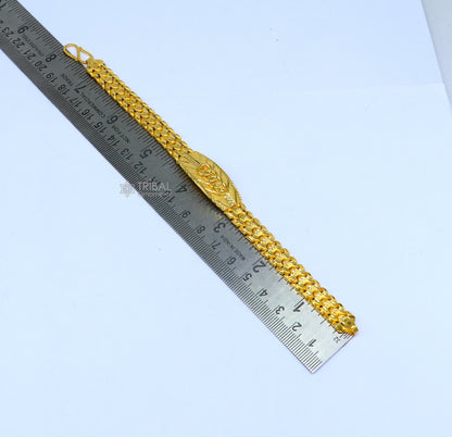 22KT yellow gold handmade Audi chain bracelet by TRIBAL ORNAMENTS, unisex stylish fancy jewelry with 916 hallmark.