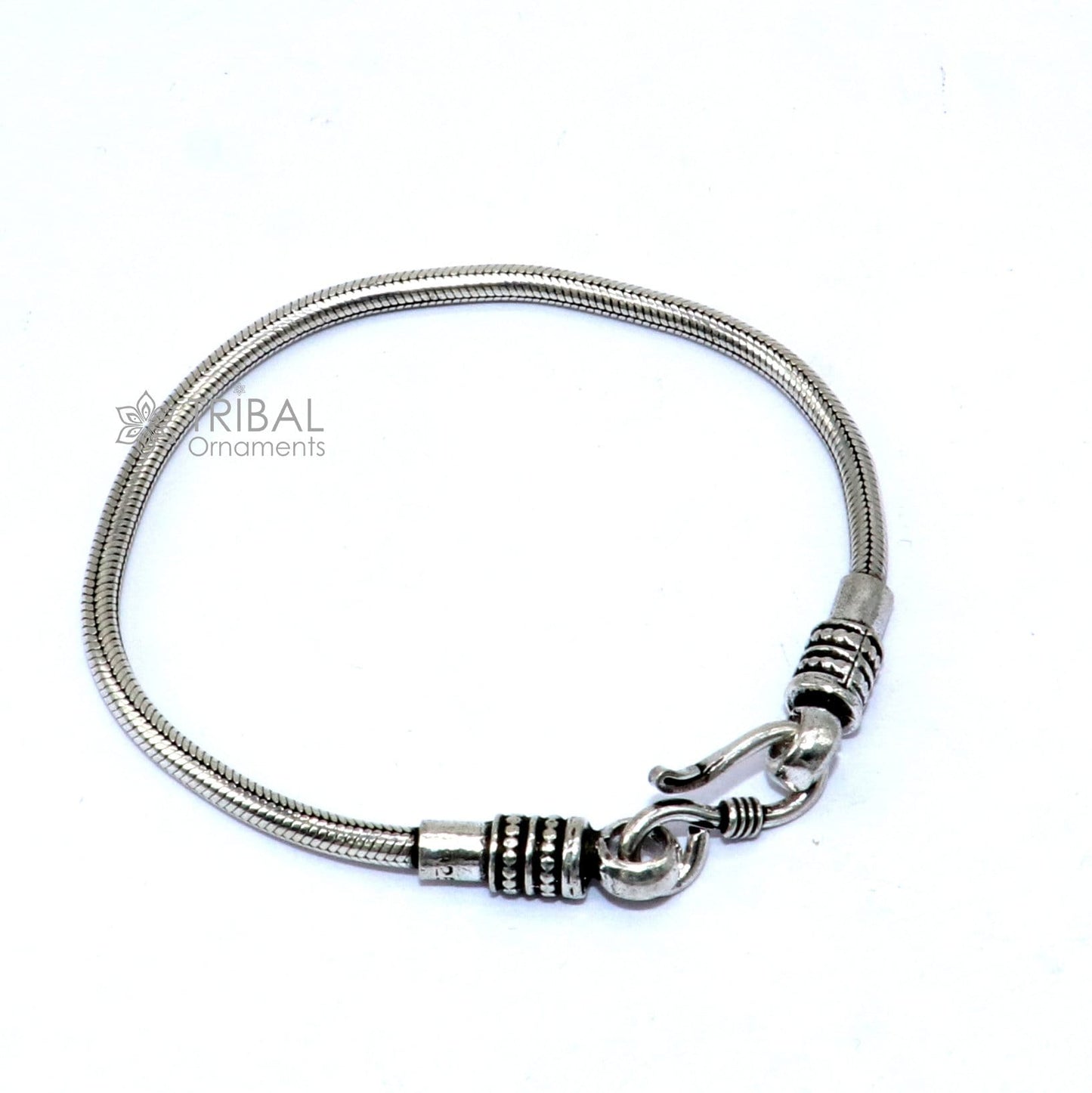 Sterling silver snake chain bracelet, 3mm thick, flexible unisex jewelry from Tribal Ornaments, handcrafted from Rajasthan, India.