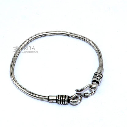 Sterling silver snake chain bracelet, 3mm thick, flexible unisex jewelry from Tribal Ornaments, handcrafted from Rajasthan, India.