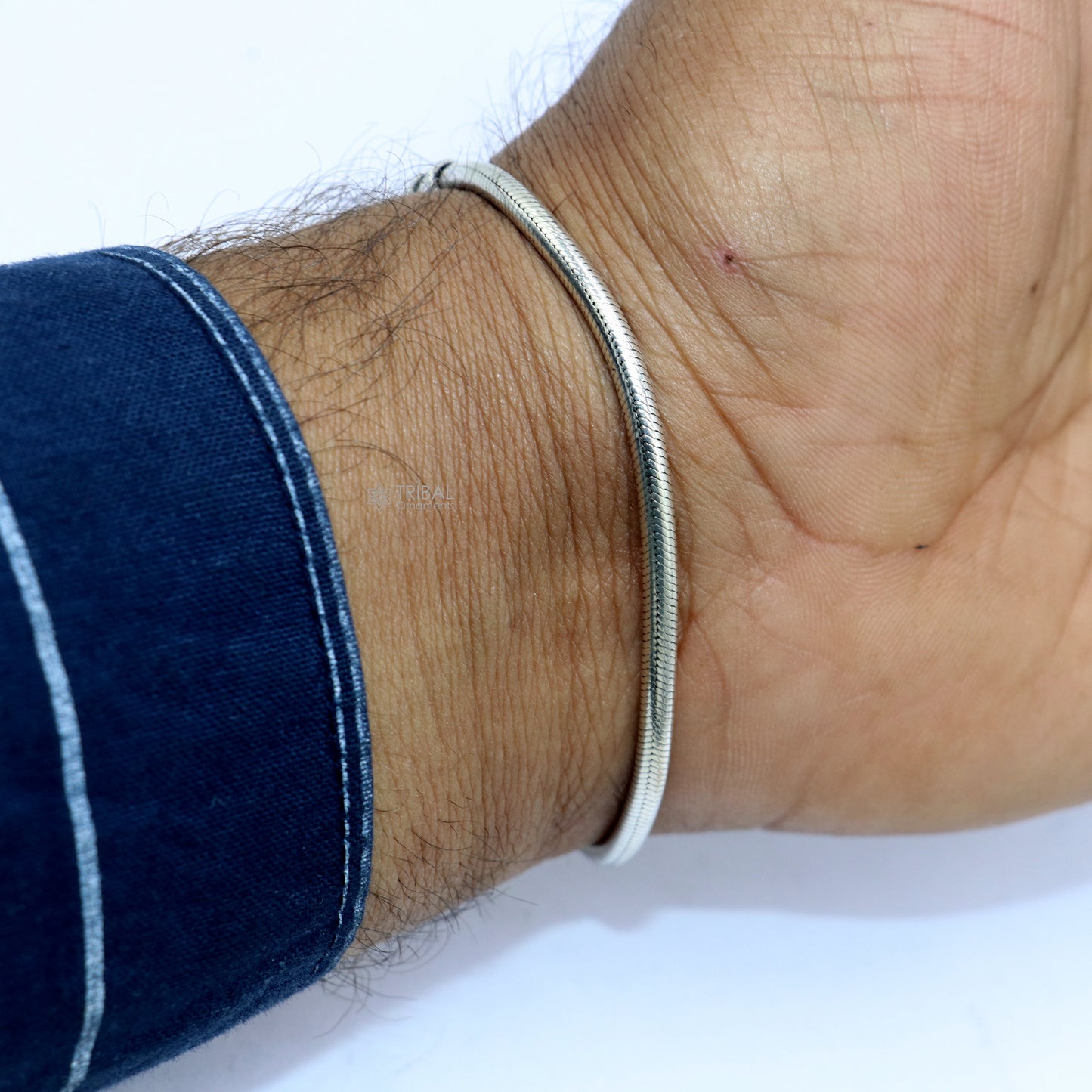 Sterling silver snake chain bracelet by Tribal Ornaments, 3mm flexible unisex jewelry, handmade from Rajasthan, India.