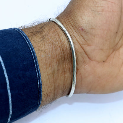 Sterling silver snake chain bracelet by Tribal Ornaments, 3mm flexible unisex jewelry, handmade from Rajasthan, India.