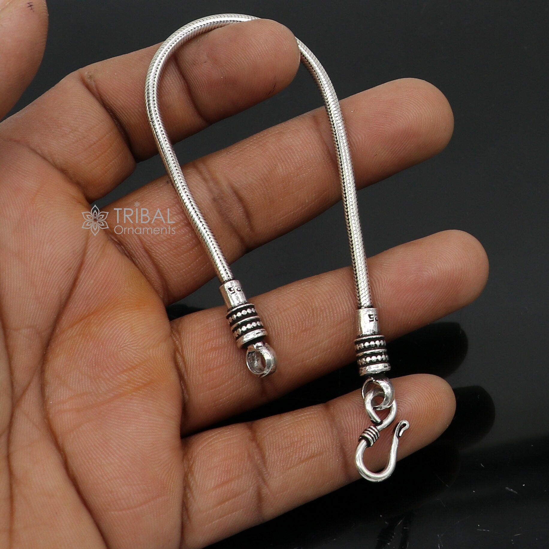 Sterling silver snake chain bracelet by Tribal Ornaments, flexible 3mm unisex jewelry with handcrafted design from Rajasthan, India.