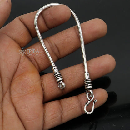 Sterling silver snake chain bracelet by Tribal Ornaments, flexible 3mm unisex jewelry with handcrafted design from Rajasthan, India.