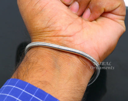 Handmade 4mm sterling silver snake chain bracelet from Rajasthan, India, flexible unisex jewelry by Tribal Ornaments.