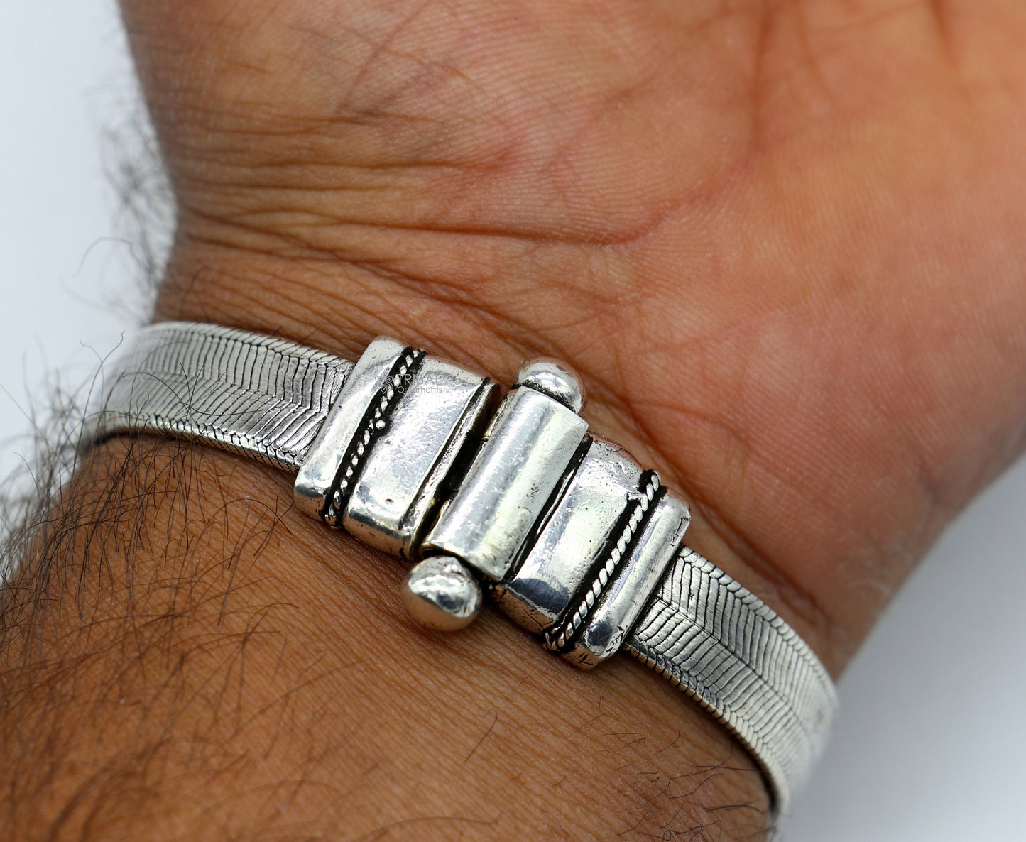 Sterling silver 10mm vintage snake chain belt bracelet with customizable design, stylish men's jewelry by TRIBAL ORNAMENTS.