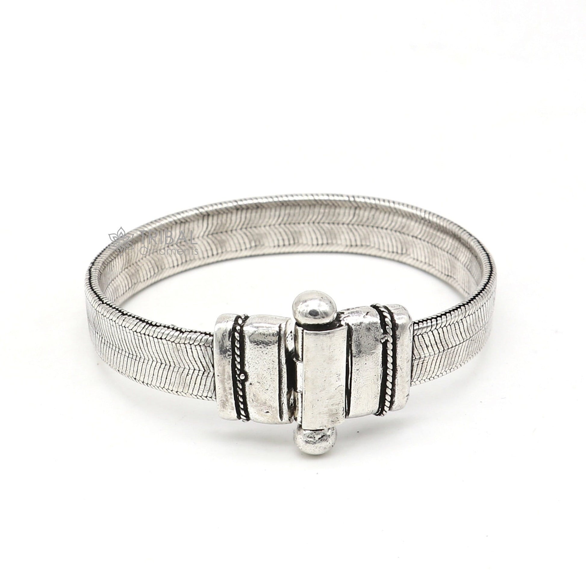 Sterling silver 11mm snake chain belt bracelet by TRIBAL ORNAMENTS, vintage-style men's wrist jewelry with customized design.