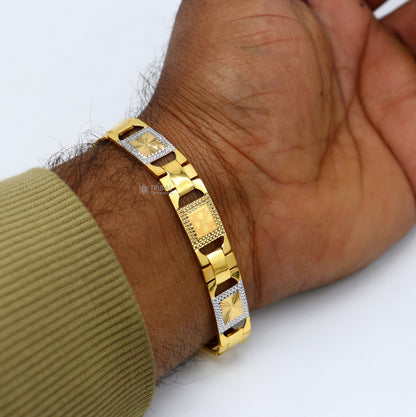 22kt yellow gold handmade solid men's bracelet with diamond-cut design, hallmarked 916, by TRIBAL ORNAMENTS.