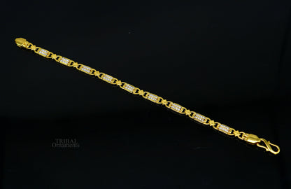 22kt yellow gold handmade men's bracelet with cubic zircon stone, solid hallmarked jewelry, elegant tribal design by TRIBAL ORNAMENTS.