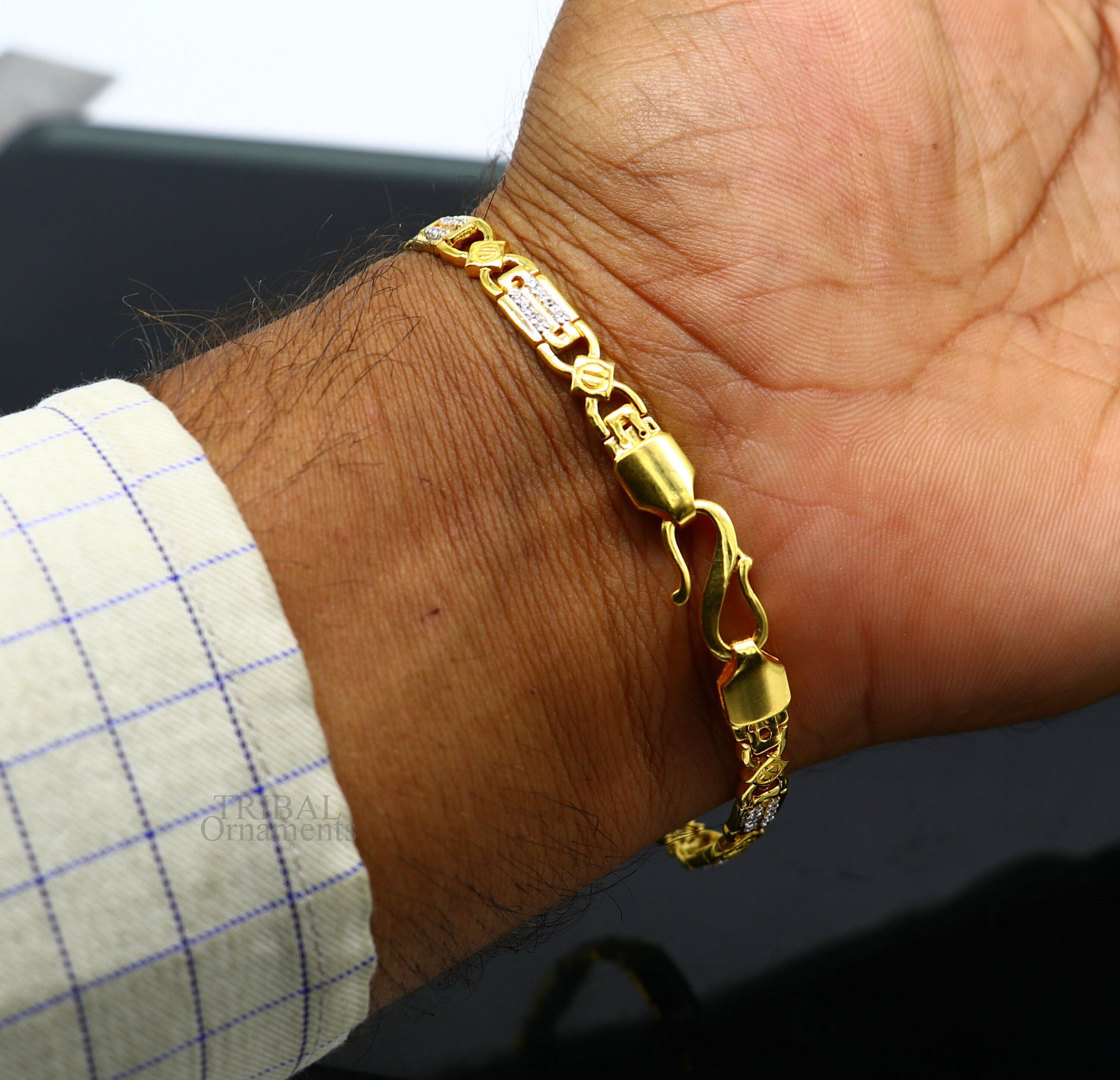 22kt yellow gold handmade solid hallmarked gold Royal elegant Bracelet fabulous cubic zircon stone stylish men's jewelry gbr30 - TRIBAL ORNAMENTS