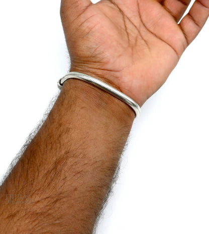 Sterling silver handmade snake chain bracelet with D shape design, unisex stylish jewelry by TRIBAL ORNAMENTS, 5mm width.