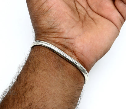 Sterling silver handmade snake chain bracelet with D-shape links, unisex stylish jewelry, 5mm thick, from TRIBAL ORNAMENTS.