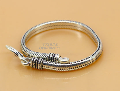 Sterling silver snake chain bracelet with D-shape design, handmade, unisex, 5mm thickness, by TRIBAL ORNAMENTS.