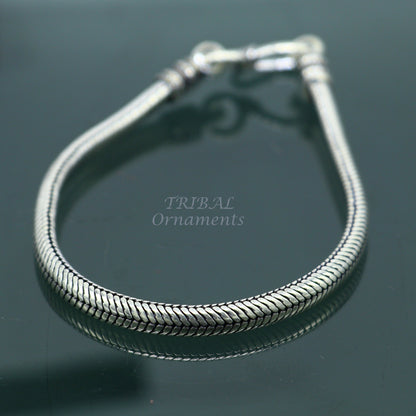 Sterling silver snake chain bracelet with D-shape design, 5mm width, handmade unisex jewelry by TRIBAL ORNAMENTS