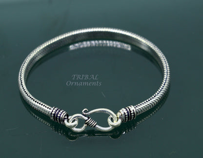 Sterling silver snake chain bracelet with D shape design, handmade unisex jewelry by TRIBAL ORNAMENTS, 5mm thickness.
