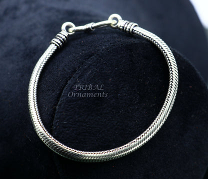 Sterling silver snake chain bracelet with D-shape design, handmade, unisex, 5mm thickness, customizable, by Tribal Ornaments.