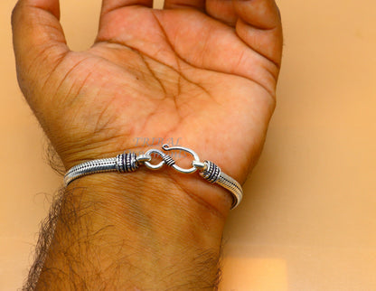 Sterling silver 5mm snake chain bracelet with D-shape design, handmade unisex jewelry by TRIBAL ORNAMENTS