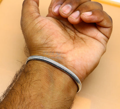Sterling silver snake chain bracelet with D-shape design, handmade unisex jewelry, 5mm thickness, customizable by Tribal Ornaments.