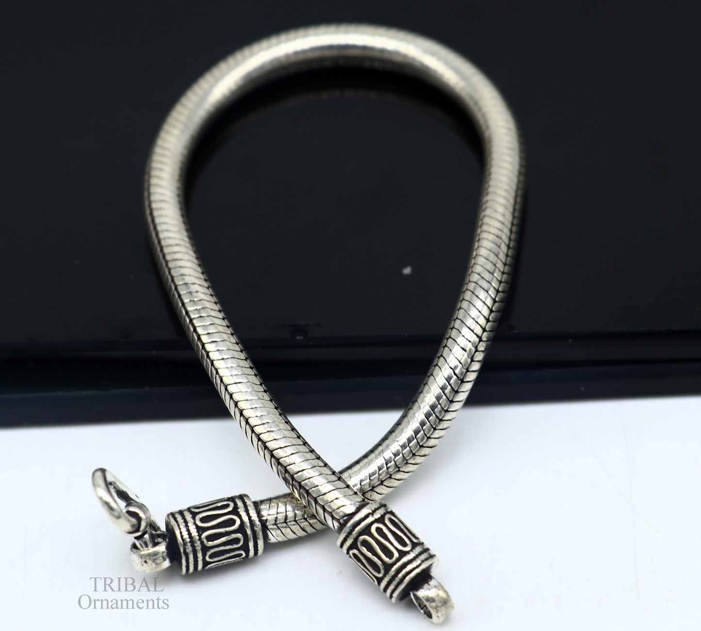 Sterling silver unisex snake chain bracelet with vintage design, handcrafted by Tribal Ornaments, personalized jewelry.