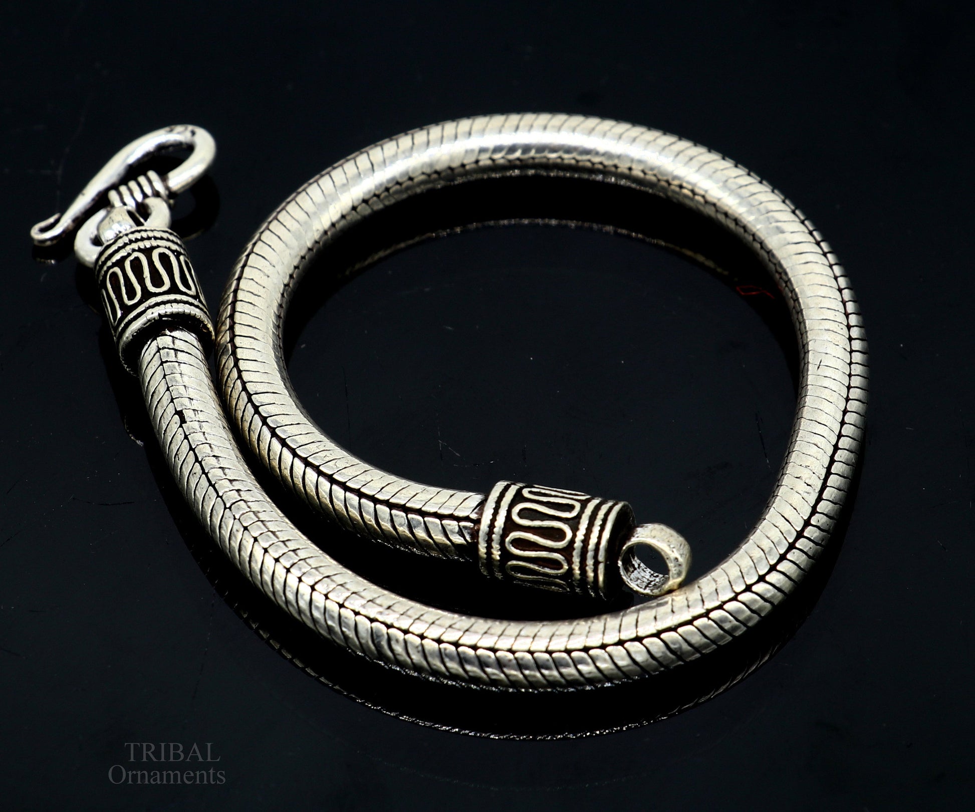 Sterling silver unisex snake chain bracelet with vintage design, handmade 5mm solid personalized jewelry by TRIBAL ORNAMENTS