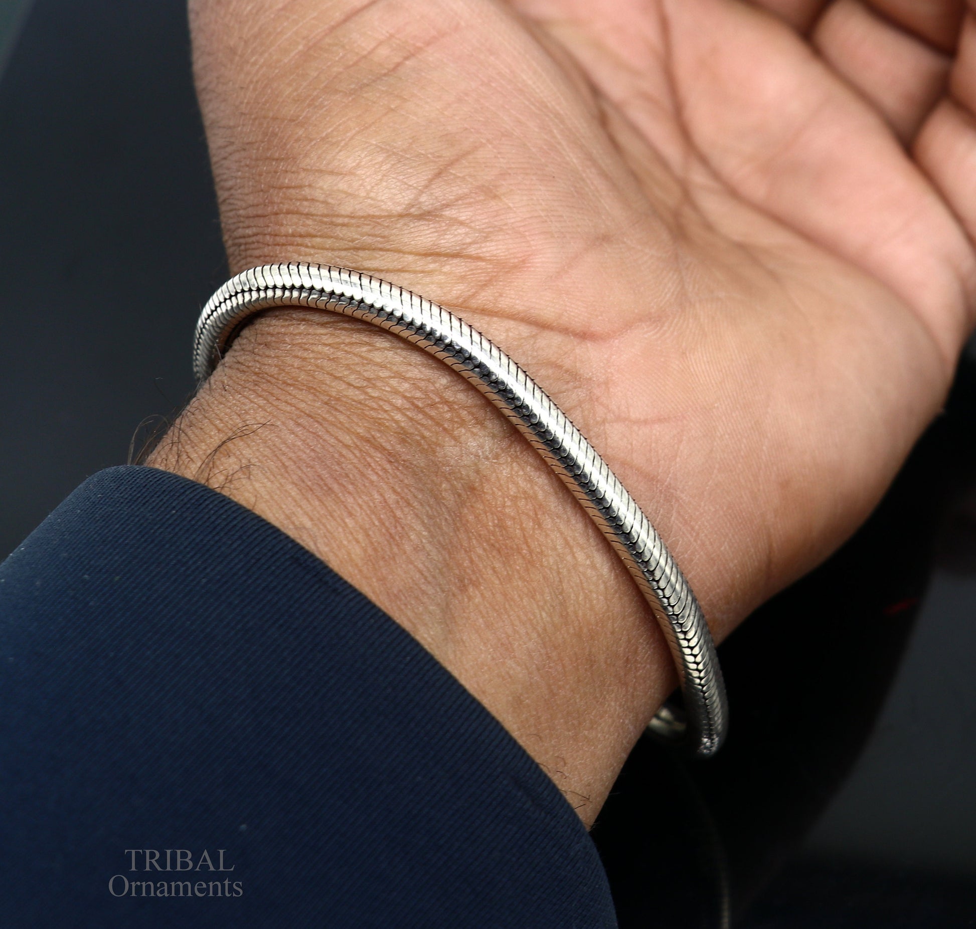 Vintage-style 5mm sterling silver snake chain bracelet with handcrafted, personalized unisex design by TRIBAL ORNAMENTS.