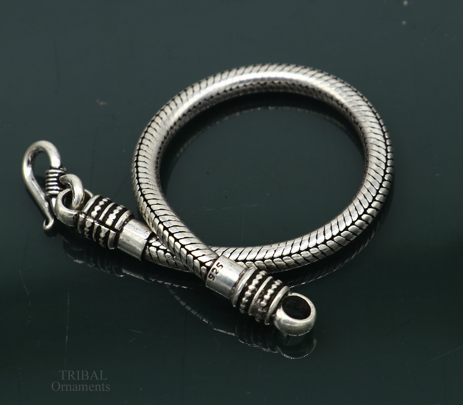 Vintage 5mm solid sterling silver snake chain bracelet by TRIBAL ORNAMENTS, handmade unisex jewelry with customizable design.