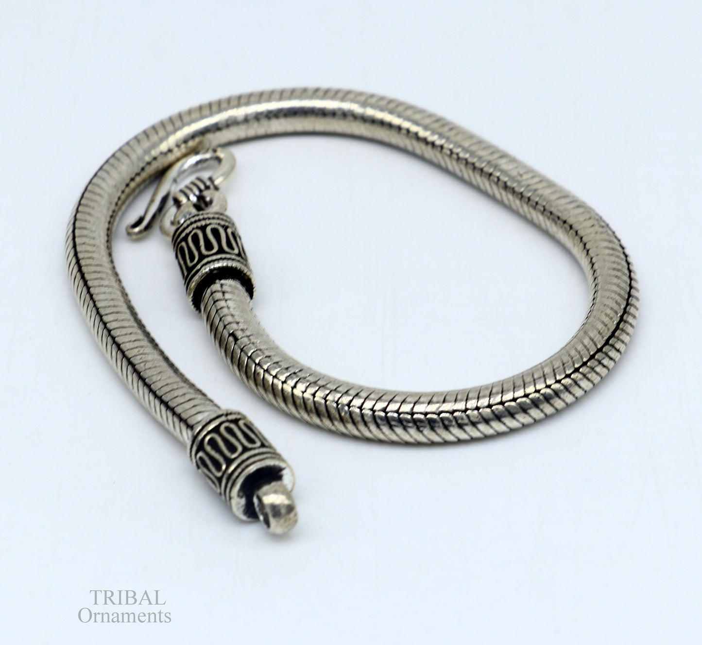 Sterling silver 5mm vintage-style snake chain bracelet with customizable design, handmade unisex jewelry by Tribal Ornaments.
