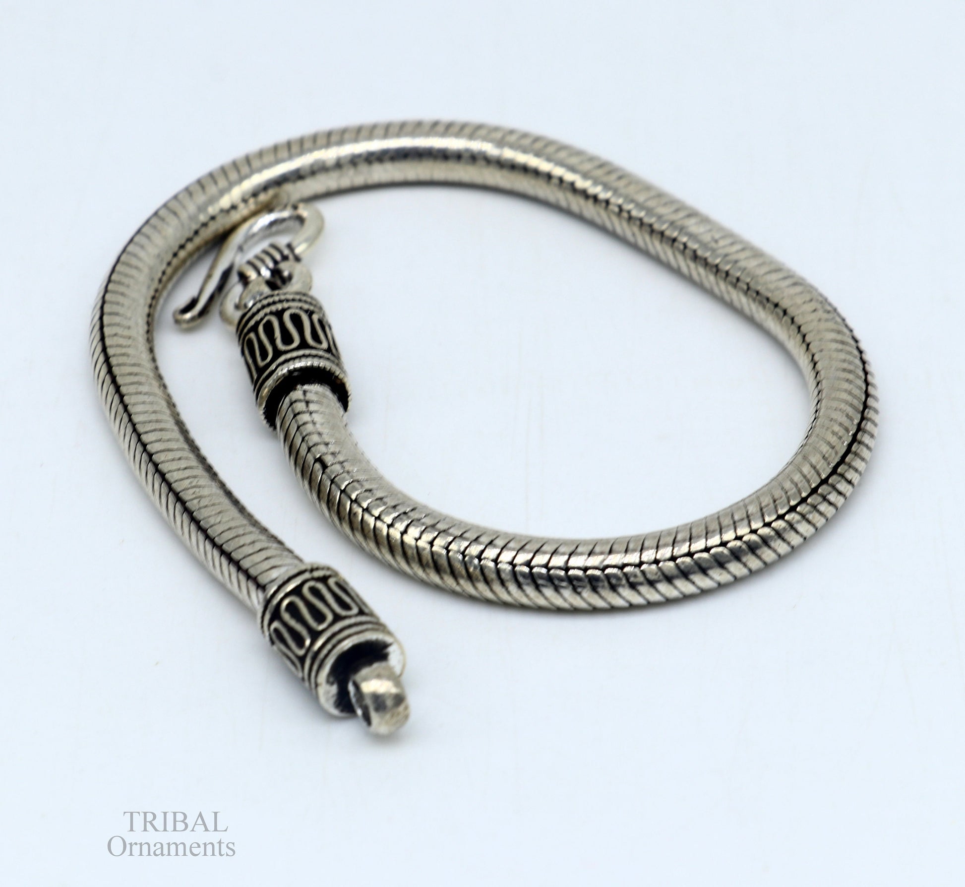 Sterling silver 5mm vintage-style snake chain bracelet with customizable design, handmade unisex jewelry by Tribal Ornaments.