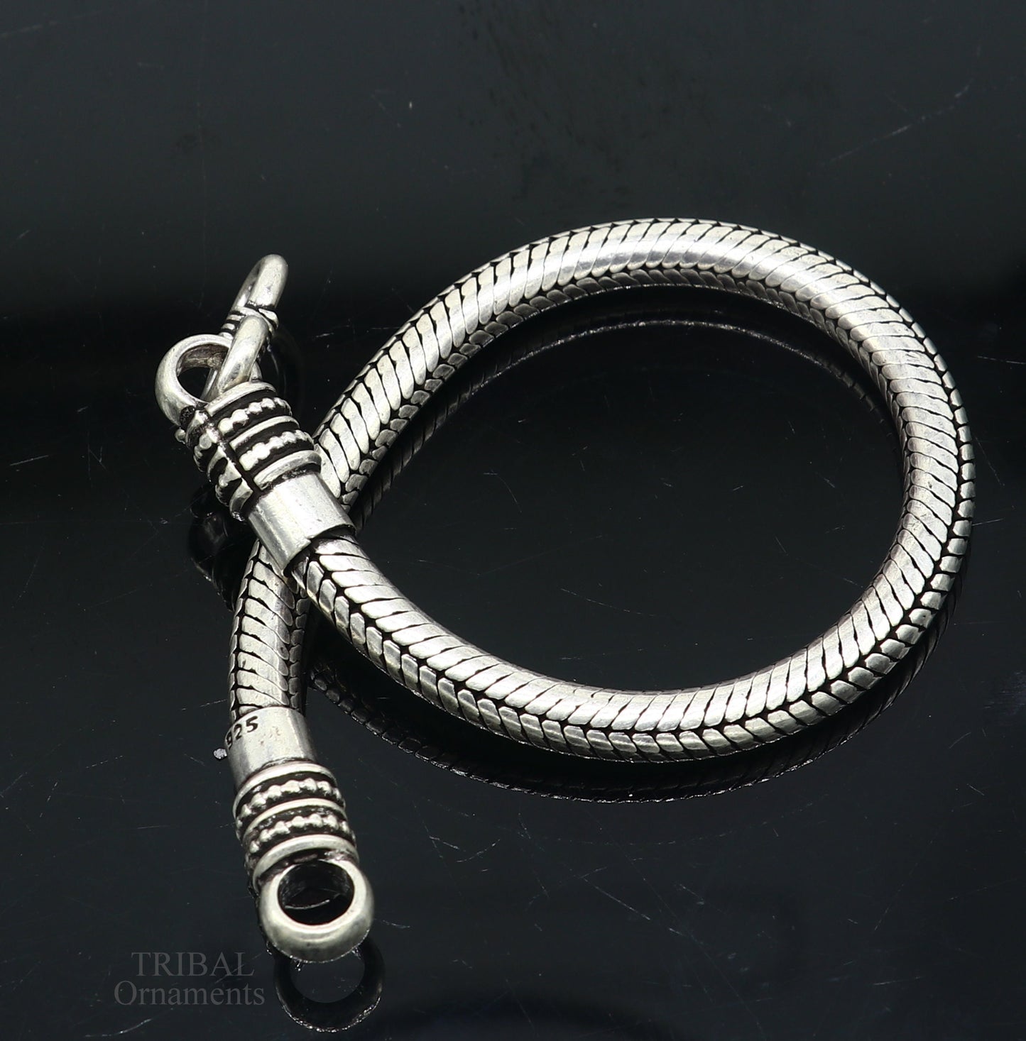 Sterling silver unisex snake chain bracelet with vintage design, handmade and customizable by TRIBAL ORNAMENTS.